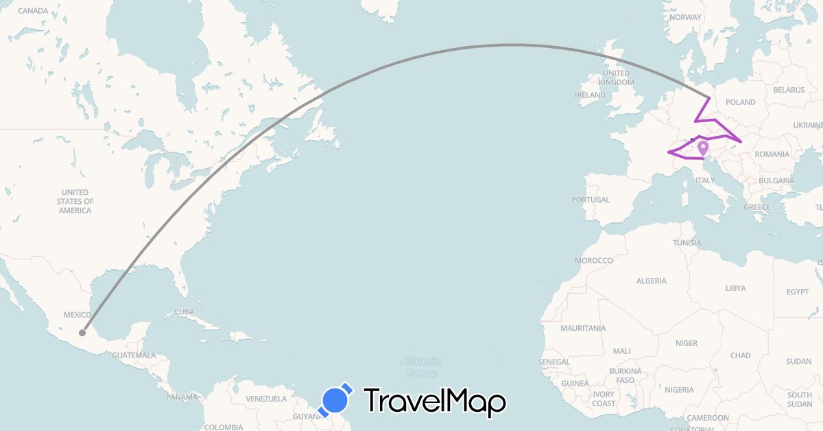 TravelMap itinerary: driving, plane, train in Austria, Switzerland, Czech Republic, Germany, Hungary, Italy, Mexico (Europe, North America)